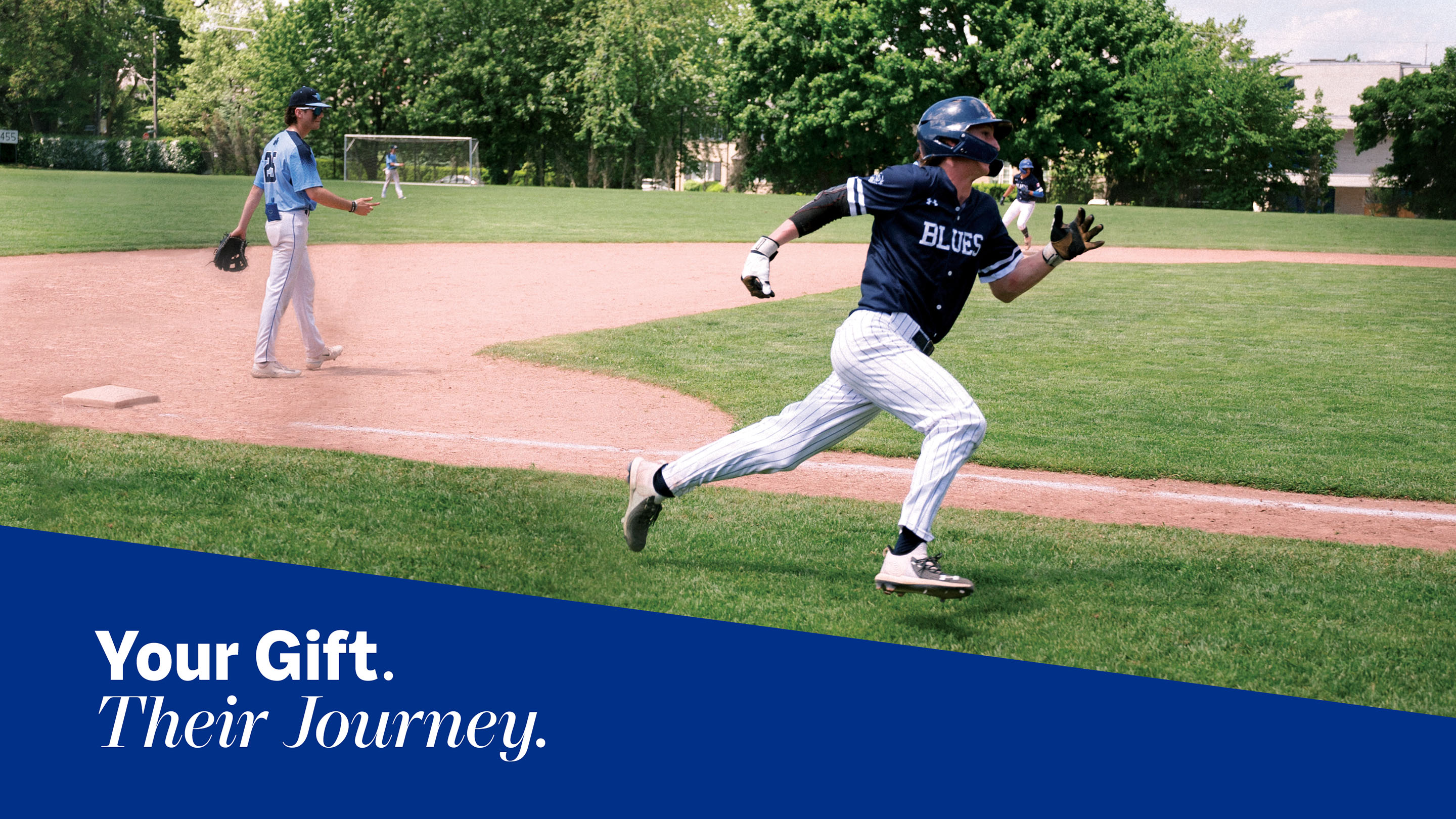 Student in baseball gear running after hitting a pitch